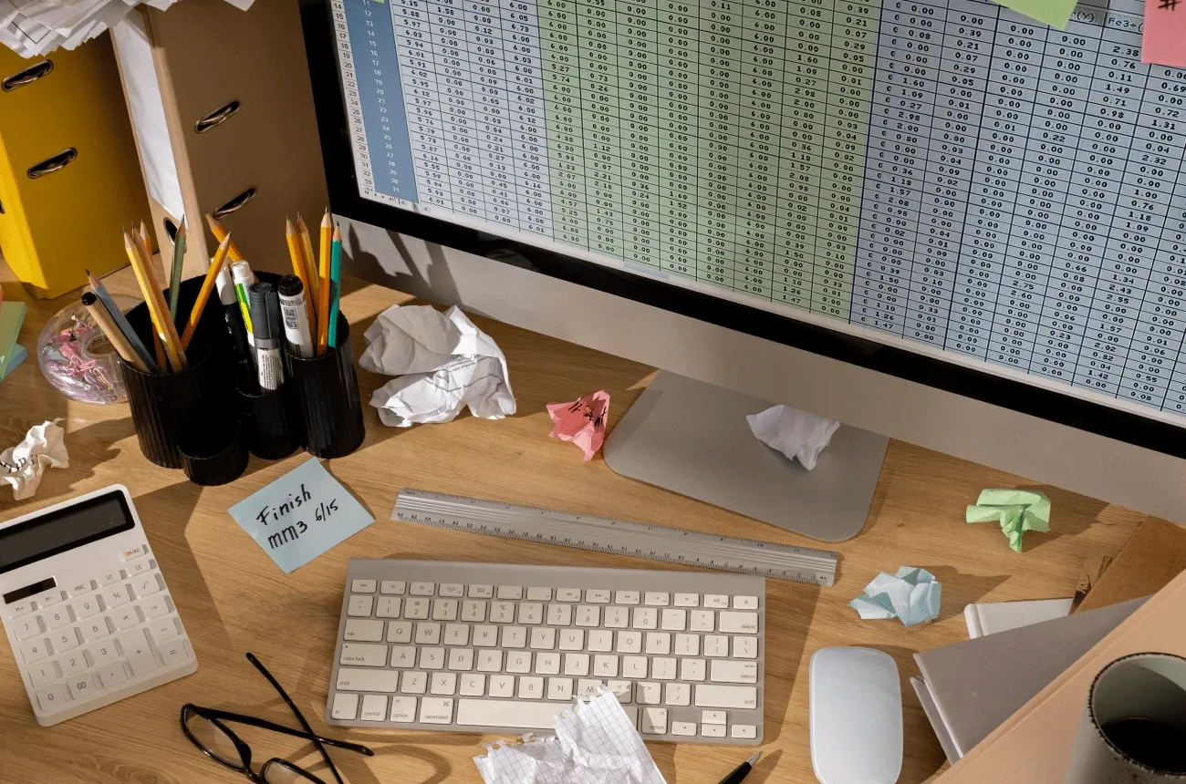 A cluttered desk with a monitor full of spreadsheet numbers, crumpled paper, a calculator, pencils and a keyboard