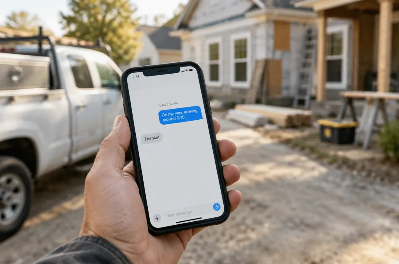 Contractor holding a phone showing an on-my-way text message at a residential job site