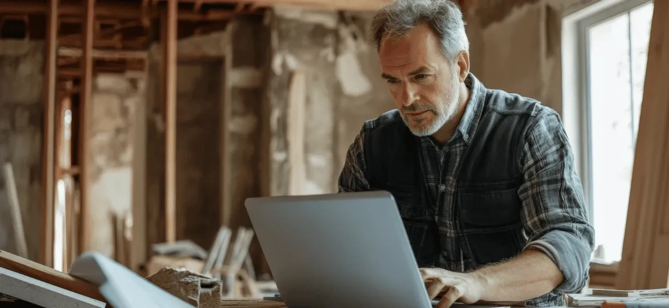 A gray-bearded man in a plaid shirt and vest working on a laptop inside a house under renovation