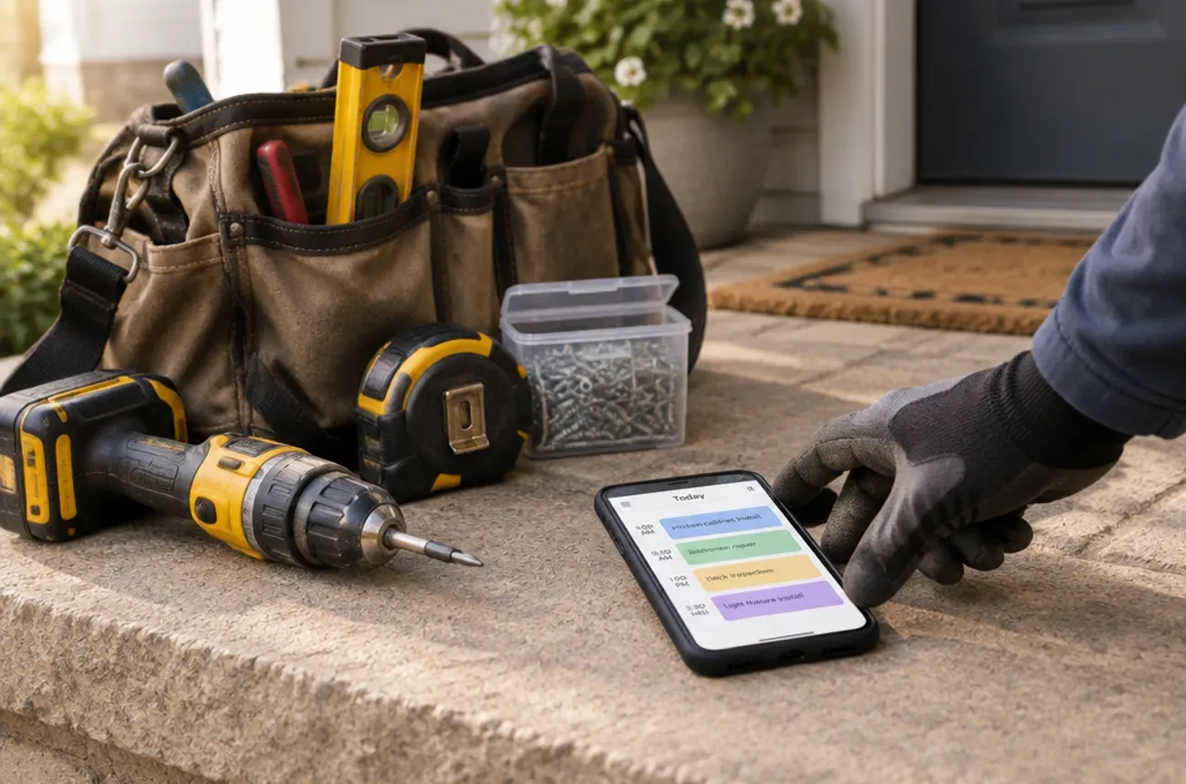 Bolsa de herramientas de handyman con un taladro y un nivel junto a un teléfono que muestra un día de citas cortas