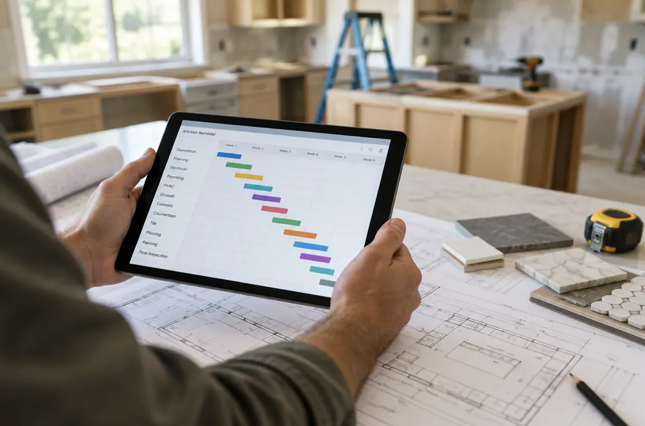 Contractor holding a tablet with a project timeline over blueprints and tile samples