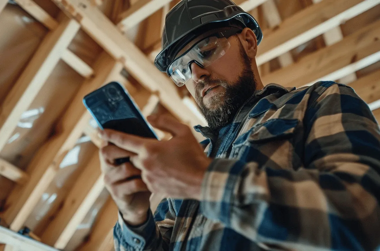 A bearded worker in a hard hat and safety glasses checking his phone inside a house with exposed wood framing