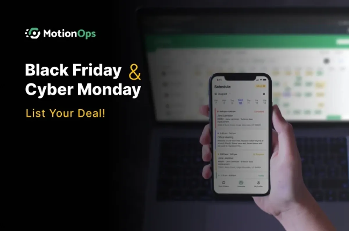 Banner de Black Friday y Cyber Monday de MotionOps con una mano que sostiene un teléfono con un calendario de trabajos