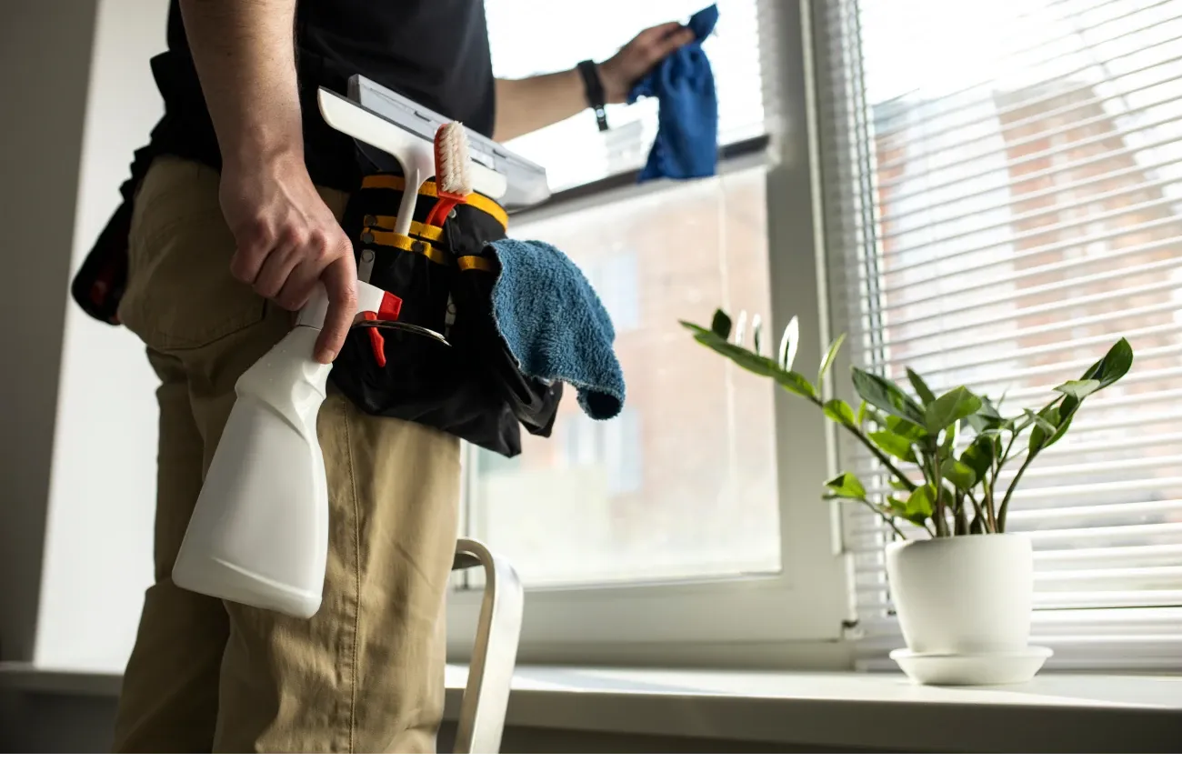 A cleaner with a tool belt and a spray bottle wipes a window with a blue cloth next to a potted plant