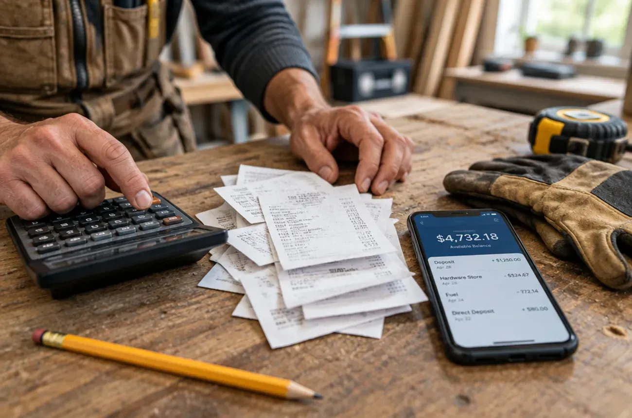 Contratista usa una calculadora junto a recibos de proveedores y una app bancaria sobre un banco de trabajo