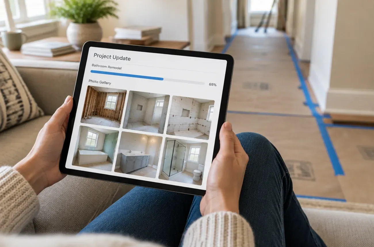Propietario viendo en una tableta, desde su casa, las fotos del avance de su remodelación