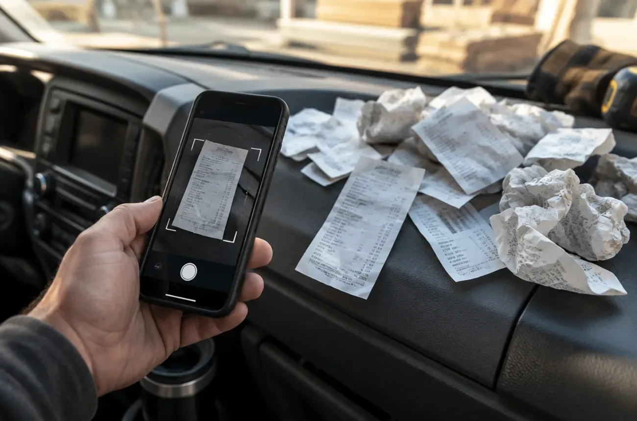 Montón de recibos de materiales arrugados en el tablero de una camioneta mientras un teléfono le toma una foto a uno de ellos