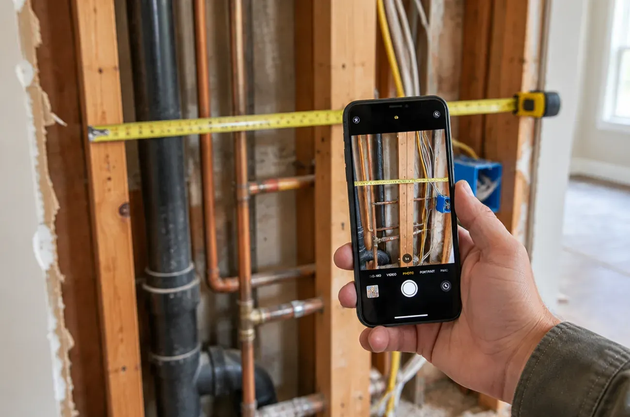 Contractor photographing an opened wall with plumbing and wiring, a tape measure across the studs