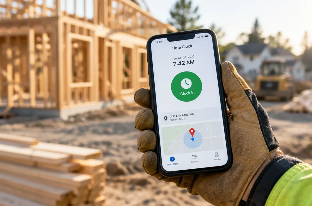 Mano con guante sosteniendo un teléfono con una pantalla de registro de entrada y un marcador de mapa en una obra residencial