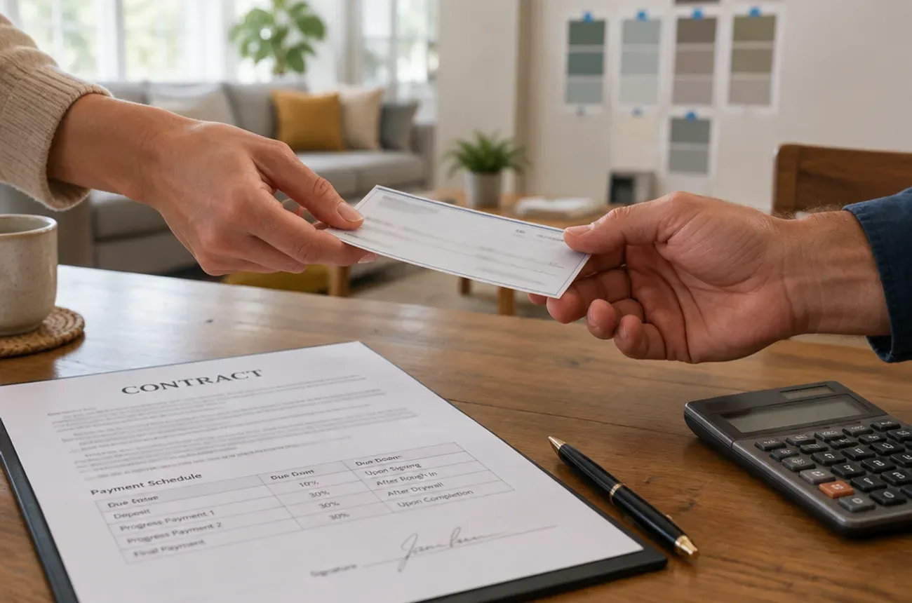 El dueño de la casa le entrega a un contratista un cheque de anticipo sobre un contrato firmado con calendario de pagos