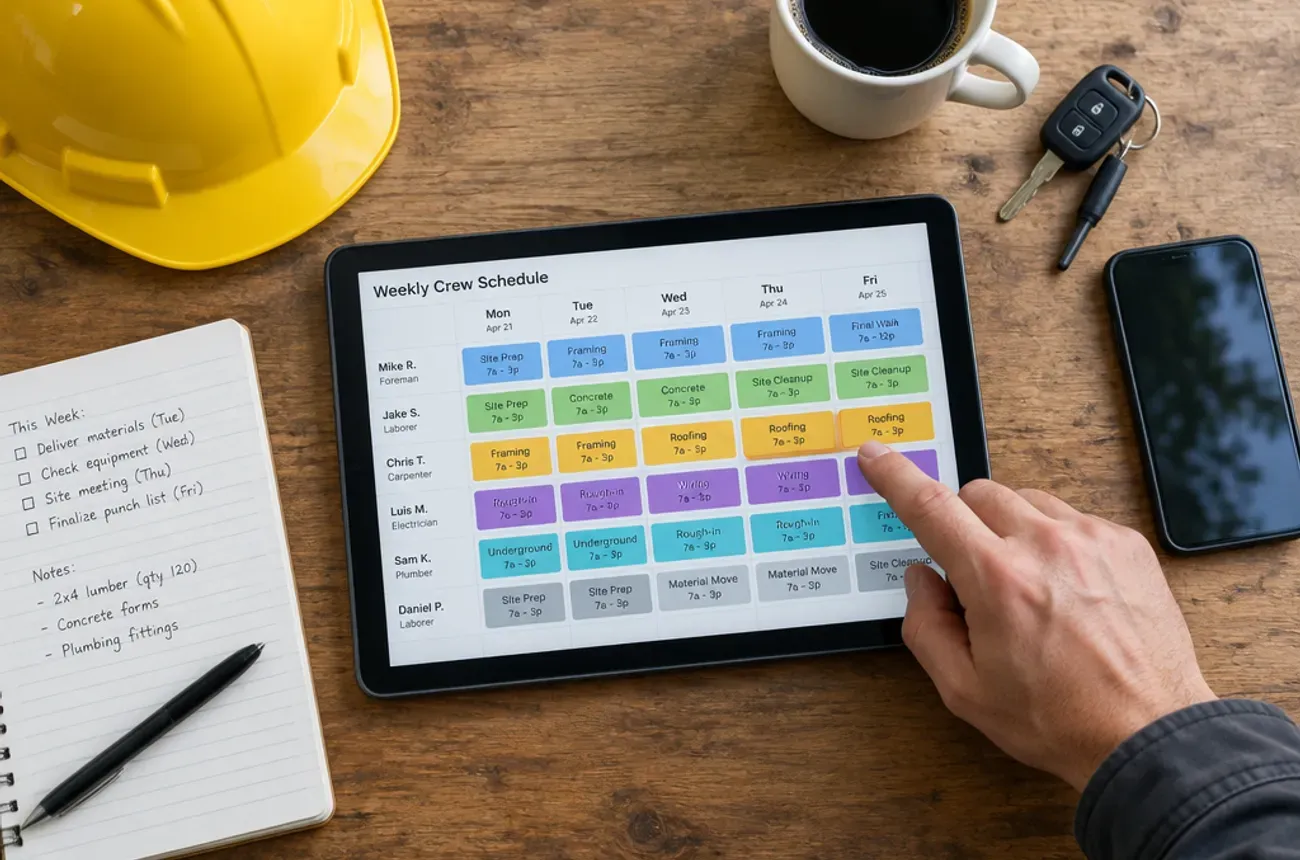 Tablet showing a color-coded weekly crew schedule on a contractor's desk with a hard hat and keys