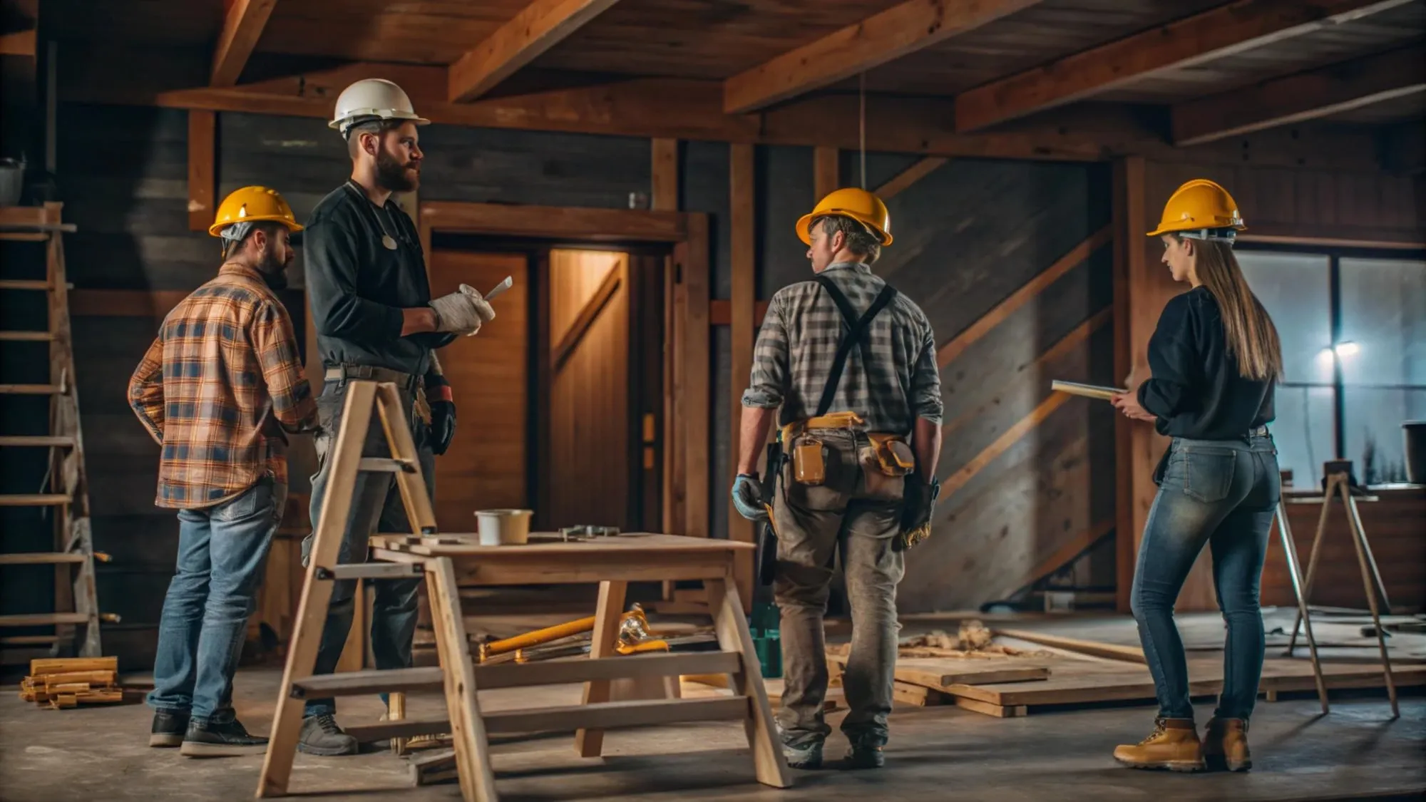Four workers in hard hats talking around a sawhorse table inside a house under renovation with exposed wood beams