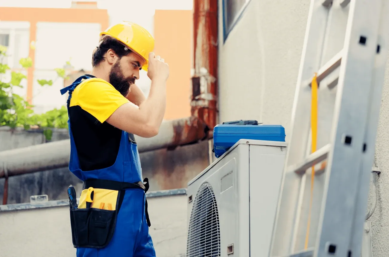 An HVAC technician in a yellow hard hat and blue overalls stands beside an outdoor air conditioning unit and a ladder