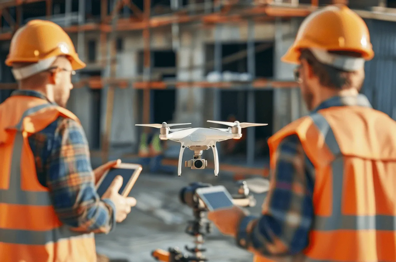 Two workers in hard hats and orange safety vests fly a drone with tablets on a construction site