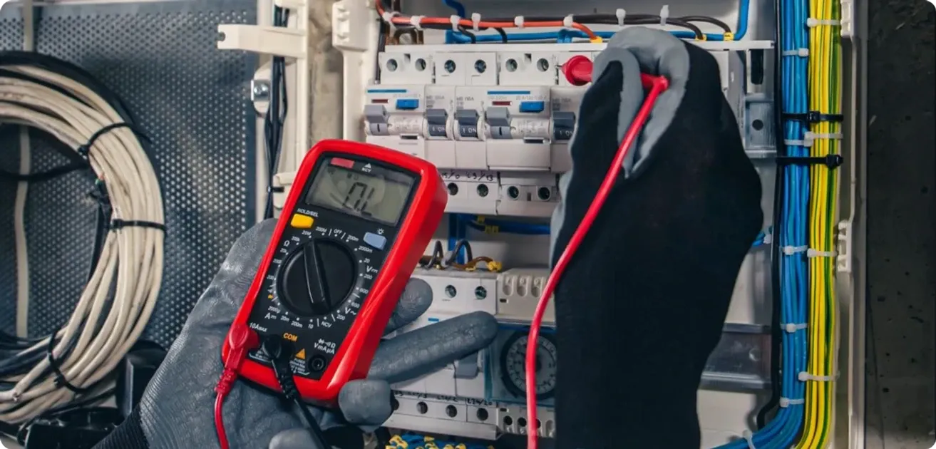 Manos con guantes prueban un tablero de interruptores eléctricos con un multímetro rojo y sus puntas de prueba