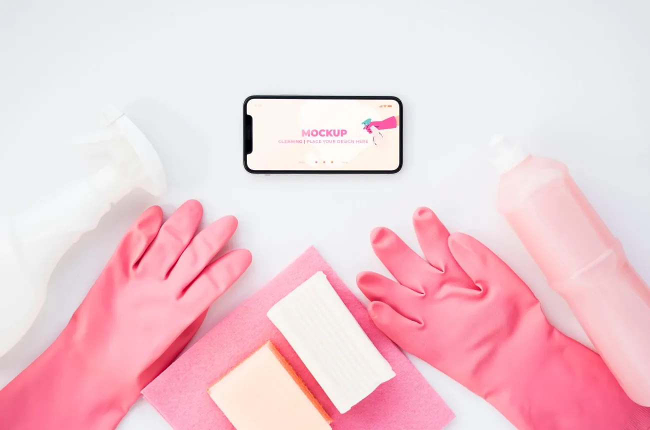 Pink rubber gloves, a sponge, a cleaning cloth, and spray bottles laid out around a smartphone on a white surface
