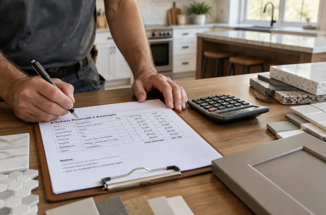 Contractor writing a price estimate on a clipboard next to a calculator and countertop samples