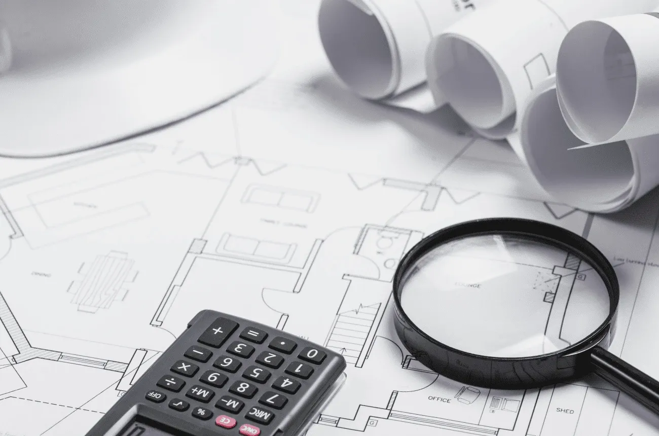 Una calculadora y una lupa sobre el plano de una casa, con planos enrollados y un casco blanco