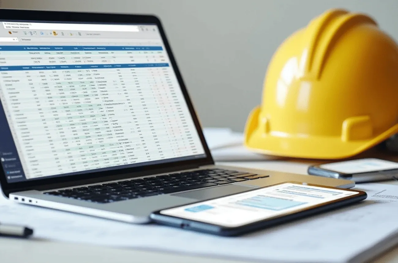 A laptop showing a spreadsheet on a desk next to a yellow hard hat, a smartphone and a tablet on top of papers