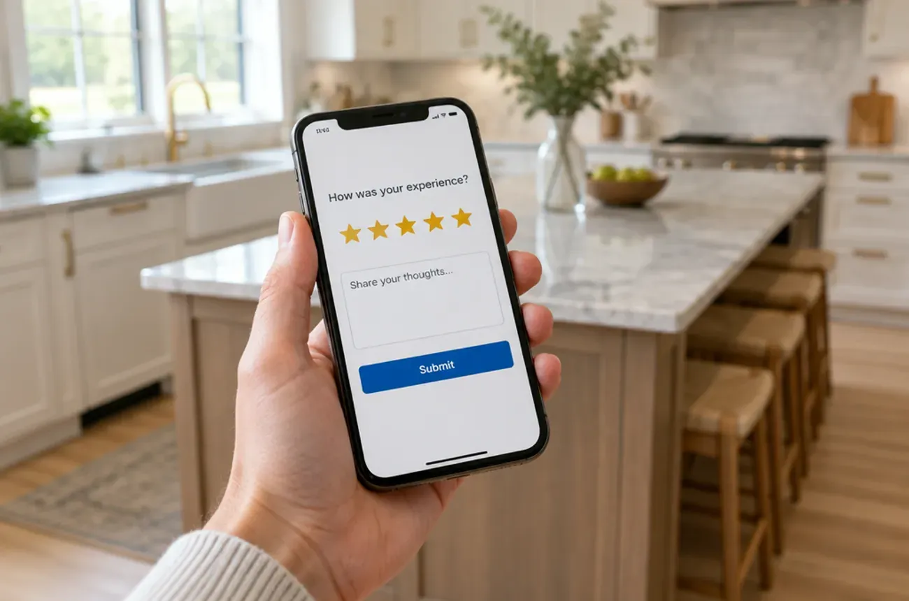 Propietaria dejando una reseña de cinco estrellas en su teléfono en una cocina recién renovada