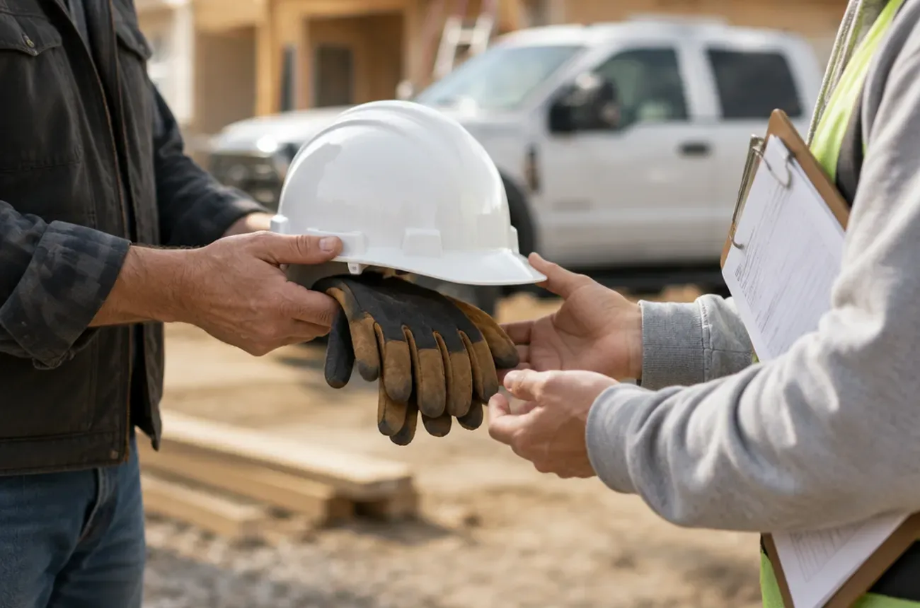 Contratista entregándole un casco y guantes de trabajo a un nuevo empleado en una obra