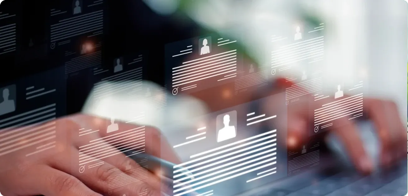 Hands typing on a laptop behind floating digital contact cards with profile icons