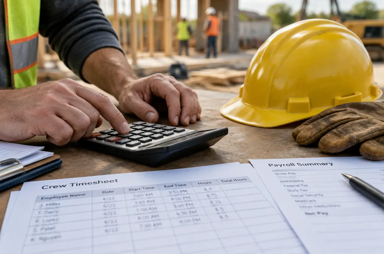 Contractor using a calculator next to crew timesheets, a hard hat, and work gloves