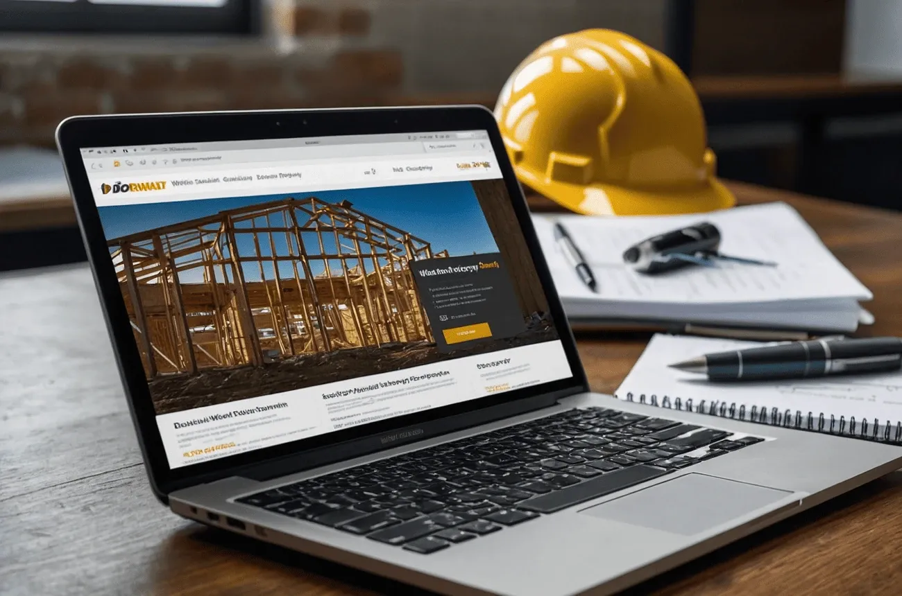 A laptop showing a construction company website with a timber frame photo, next to a yellow hard hat and notebooks