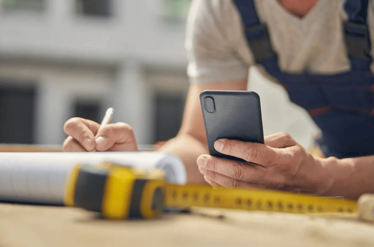 A worker in overalls holds a phone and writes with a pencil next to a tape measure and rolled plans