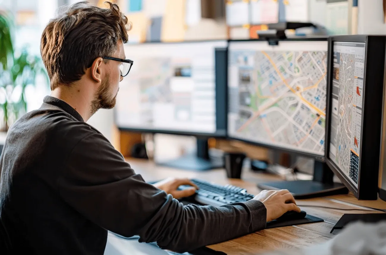 Un hombre con lentes trabaja en un escritorio con varios monitores que muestran mapas de rutas de la ciudad