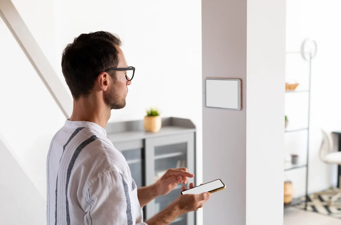 A man in glasses holds a smartphone while looking at a wall-mounted control panel in a bright home
