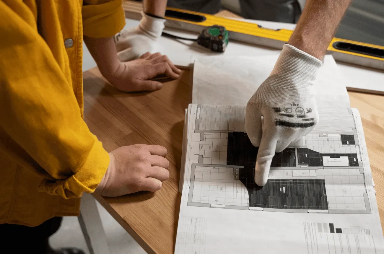 A gloved worker points at a floor plan on a wooden table beside a person in a yellow shirt, with a level and tape measure