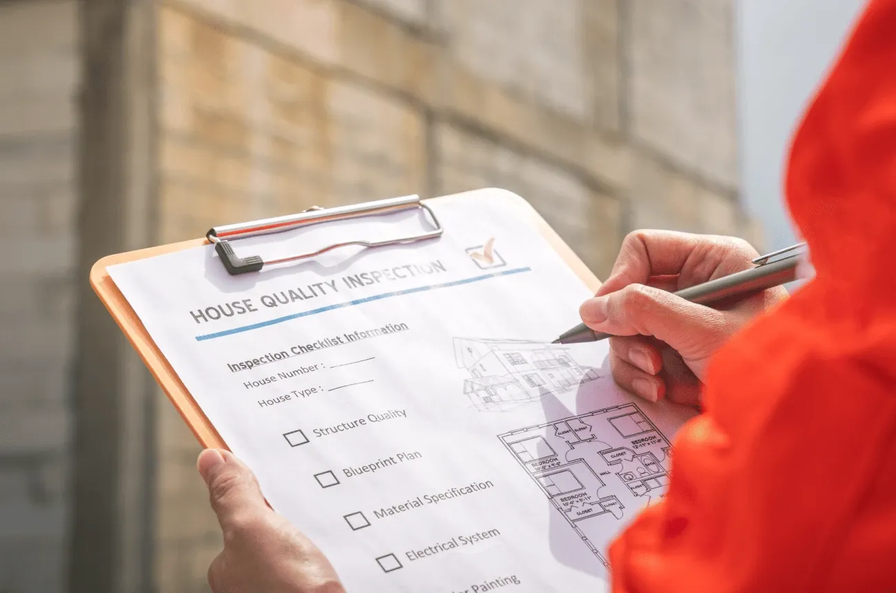 Persona con chaqueta naranja llena con un bolígrafo una lista de inspección de calidad de una casa en un portapapeles