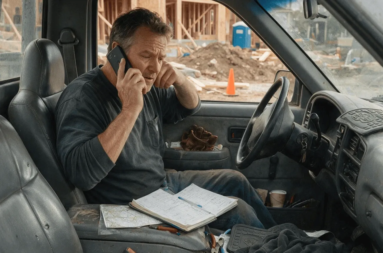 Un hombre habla por teléfono en una camioneta con un cuaderno abierto y un mapa, junto a una obra en construcción