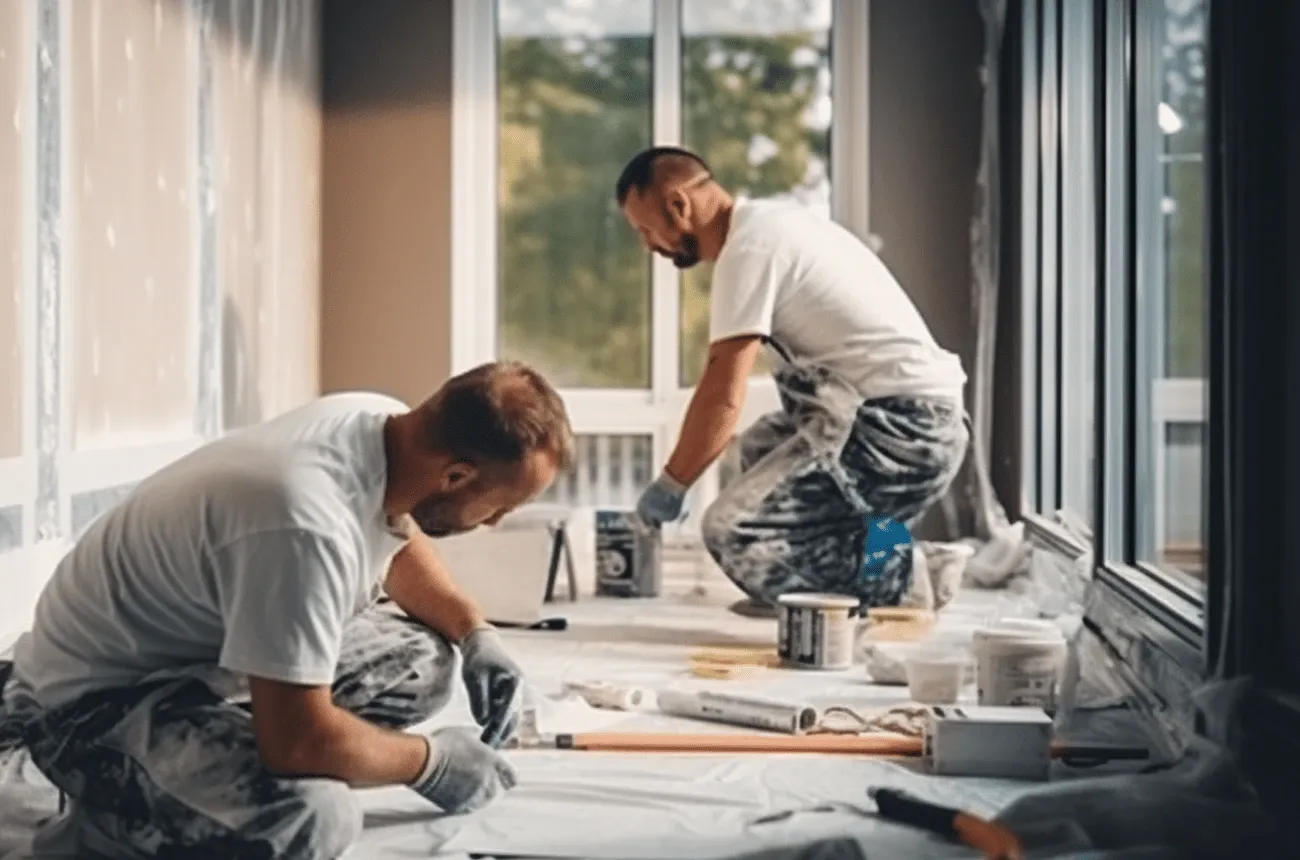 Dos pintores con camiseta blanca y pantalón manchado de pintura trabajan sobre un piso cubierto junto a ventanales
