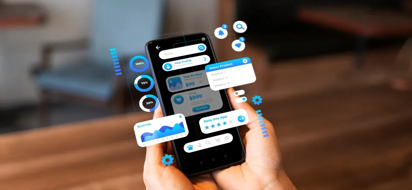 Hands holding a smartphone with floating app screens, charts, ratings and settings icons around it