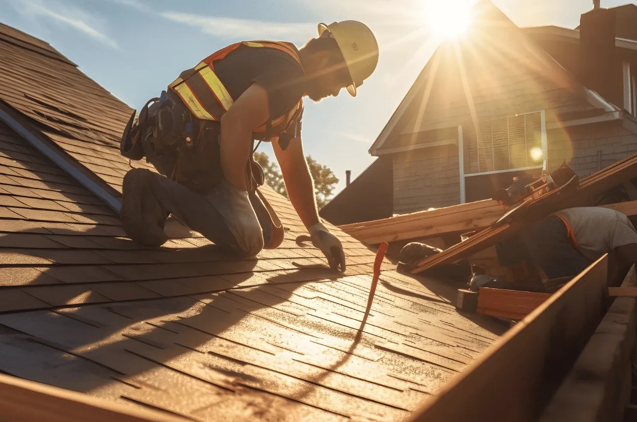 A roofer in a hard hat and hi-vis vest kneels on a shingled roof in bright sunlight while a coworker works nearby