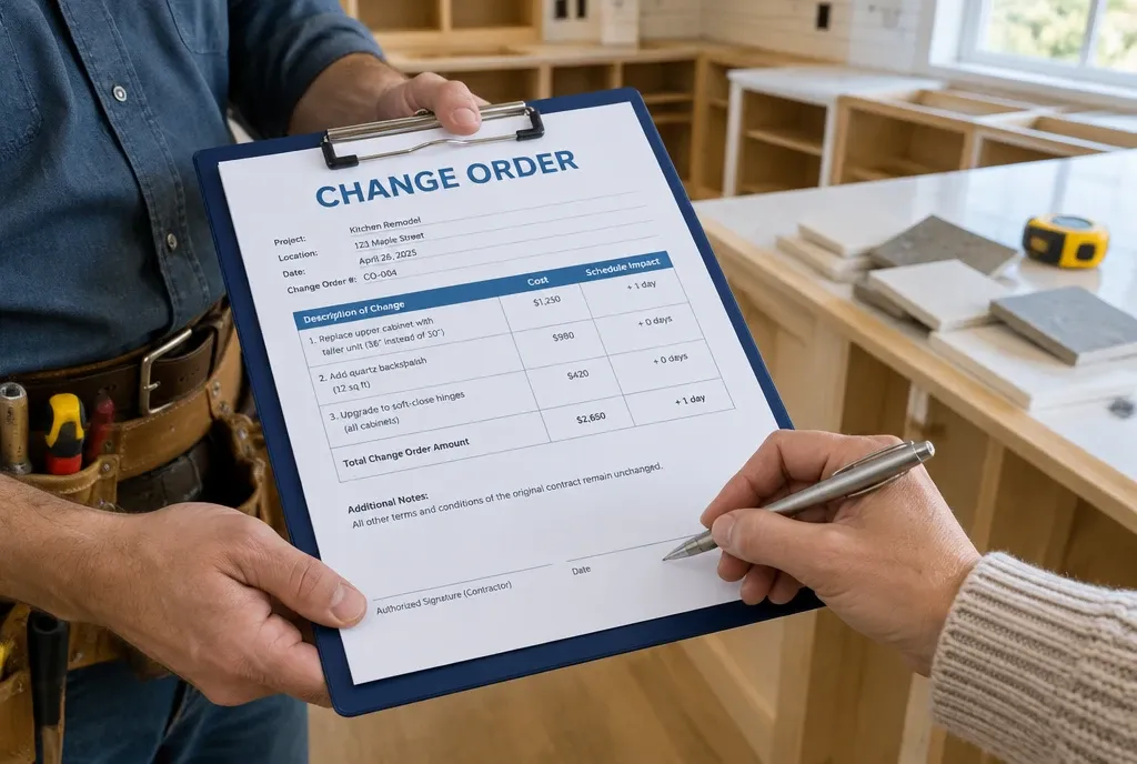 Contractor holding a change order for a kitchen remodel on a clipboard while the homeowner signs it