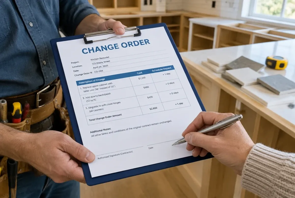 Contractor holding a change order for a kitchen remodel on a clipboard while the homeowner signs it