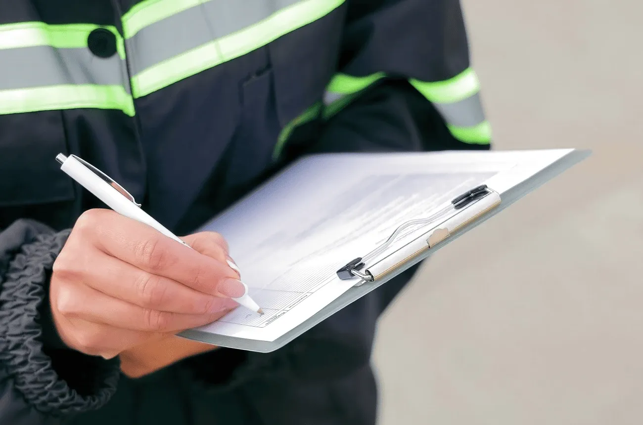 A worker in a reflective jacket signs a form on a clipboard with a white pen