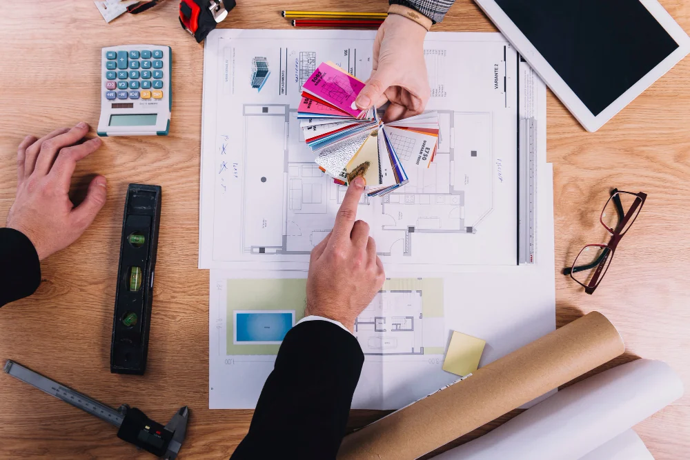 People in the process of finalizing the project details and selecting colors for the walls of house.