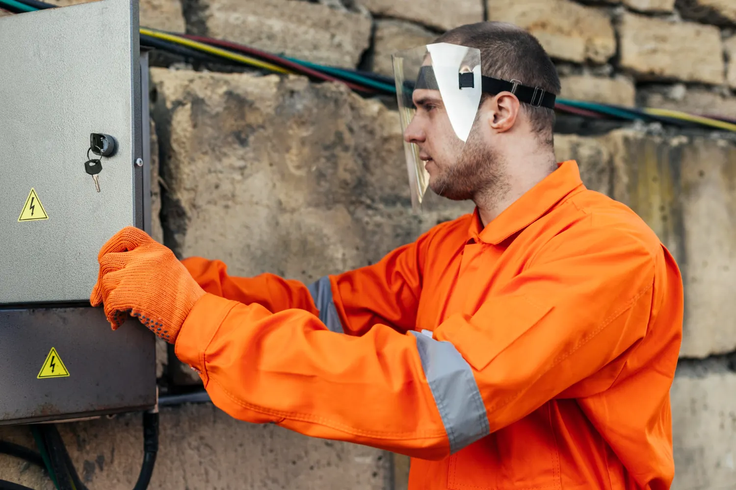 Side view of electrician in uniform with protective gloves and face shield