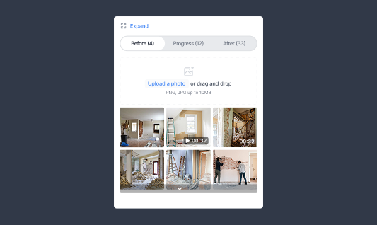A screenshot of progress photos and videos on the work order, back office view
