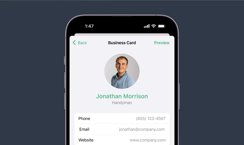 Screenshot of mobile view of business cards