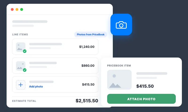 Proposal line items with photos attached from the PriceBook, shown on customer-facing documents