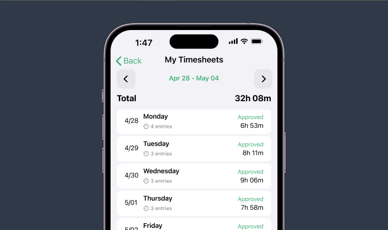 Screenshot of mobile view of Timesheets